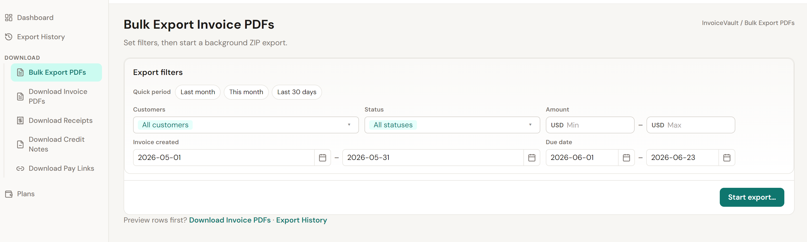 InvoiceVault Bulk Export Invoice PDFs page, showing date ranges, customer, status and amount filters, plus the Start export button.