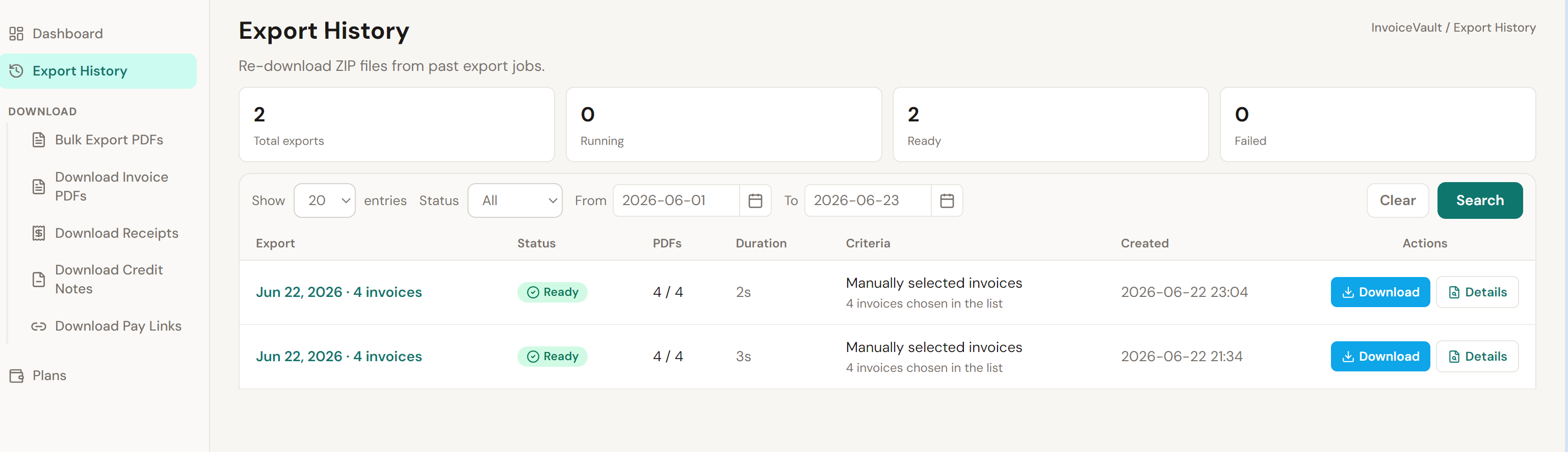 Export History page showing two Ready exports of four manually selected invoices, with Download and Details buttons.