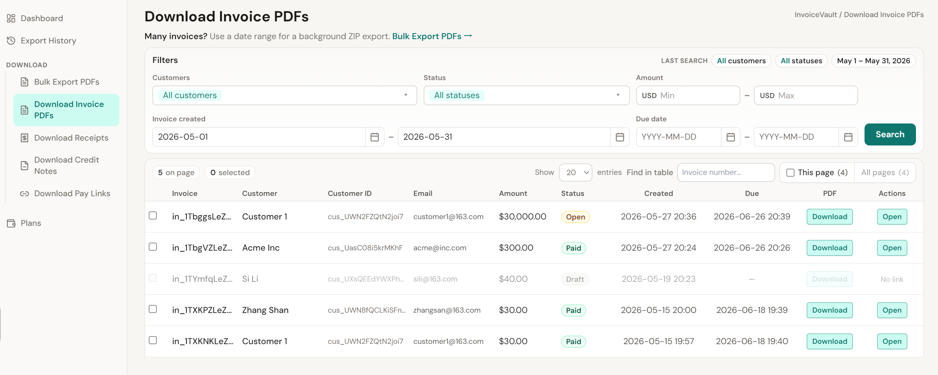 Invoice PDF download page showing customer, status, amount and date filters, invoice rows and selection checkboxes.